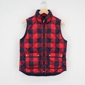J.Crew Quilted Plaid Check Puffer Down Vest Red Navy Size Medium